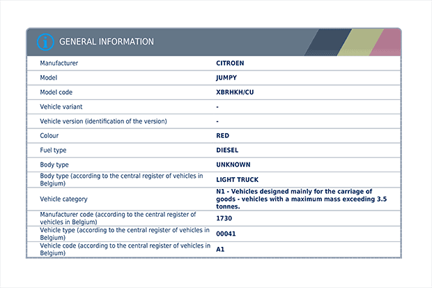 AutoDNA Vehicle History Report for Belgian Vehicles - Basic Information