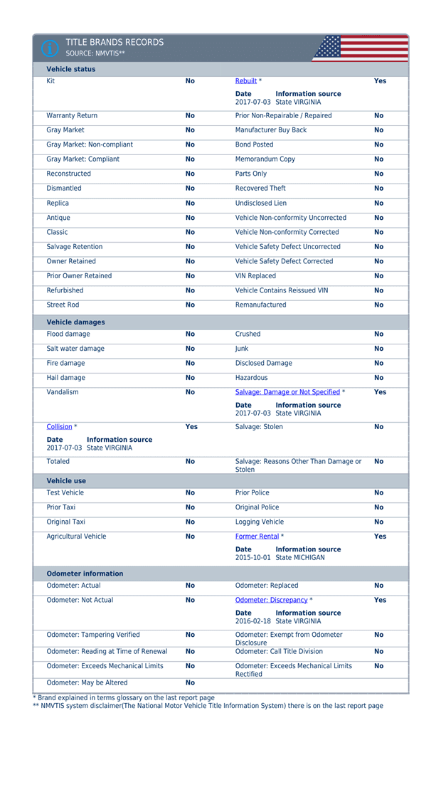 autoDNA Vehicle History Report for Vehicles from the USA - Title brands records