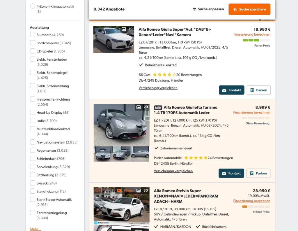 Screenshot of auction listing for German cars