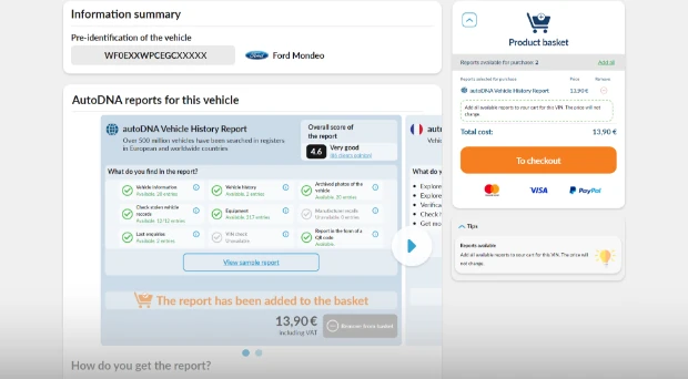 How to buy the autoDNA vehicle history report - see the available autoDNA reports for the entered VIN number