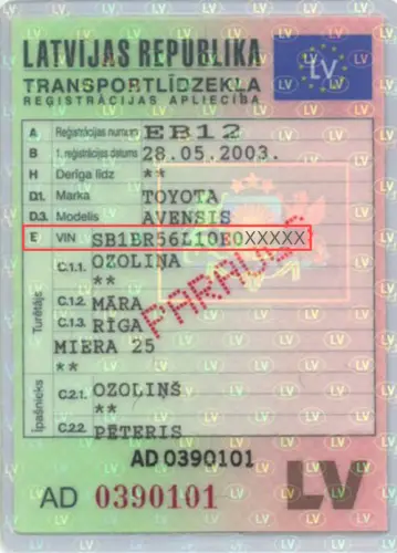 Where to find the VIN number in the Latvian registration book - preview photo