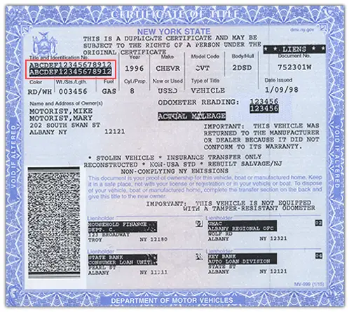 Sample USA vehicle registration book with marked VIN number