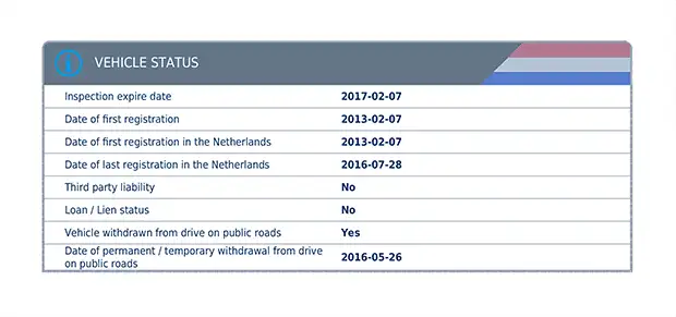 AutoDNA Vehicle History Report for Dutch Vehicles - Vehicle Status